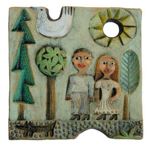 'Man, Woman, Dog' Ceramic Relief