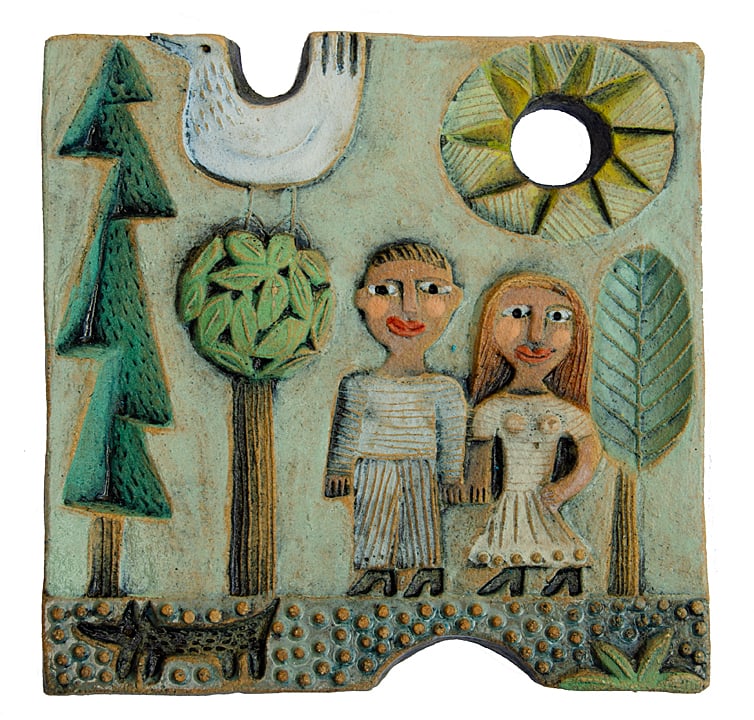 'Man, Woman, Dog' Ceramic Relief